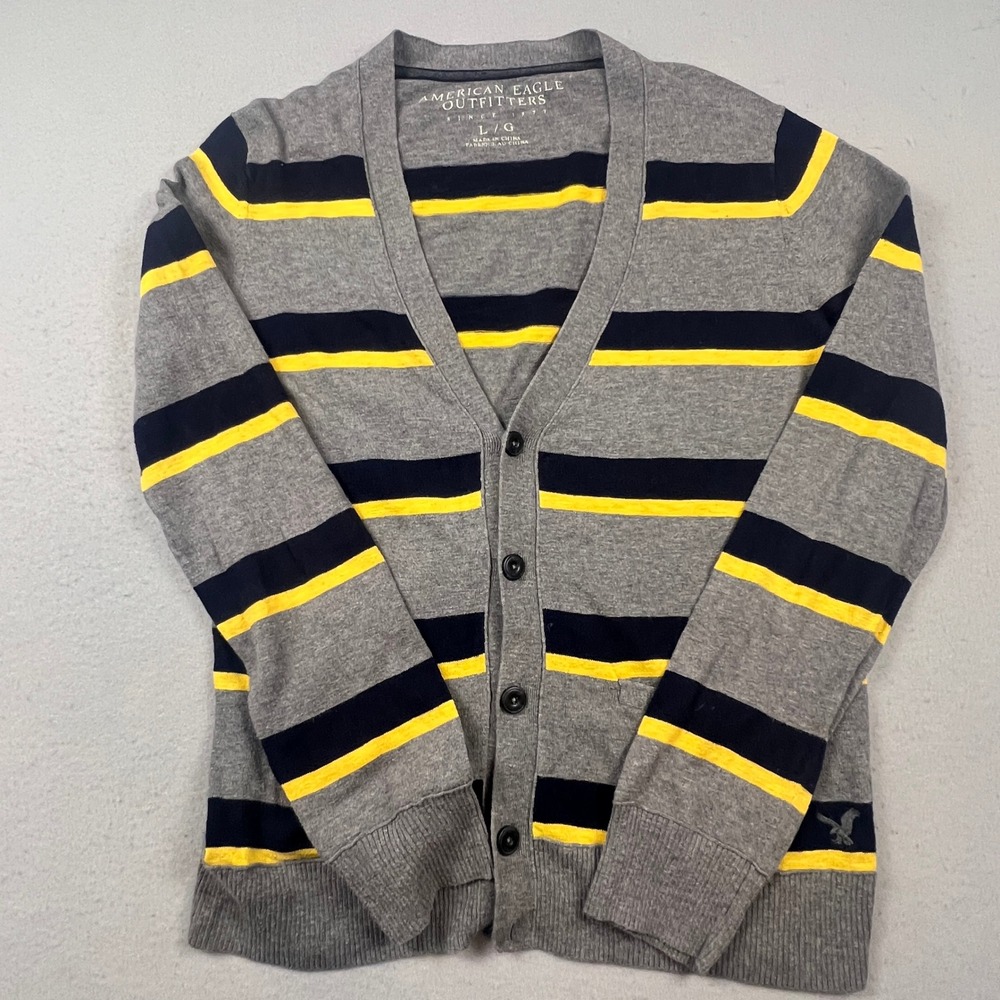 American Eagle Cardigan Mens Large Grey Striped Cotton‎ V-Neck Preppy Casual
